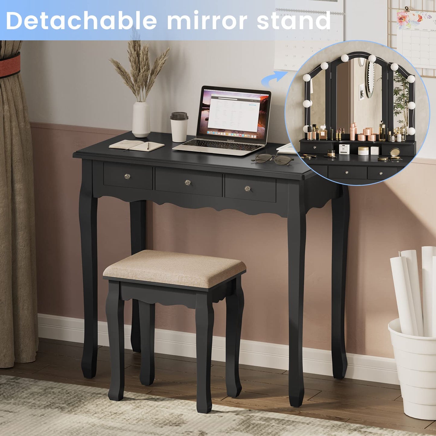 Tiptiper Vanity Desk, Makeup Vanity with Lighted Tri-fold Mirror and Stool, Vanity Set with 5 Drawers, 3 Light Settings & Adjustable Brightness, Black - WoodArtSupply