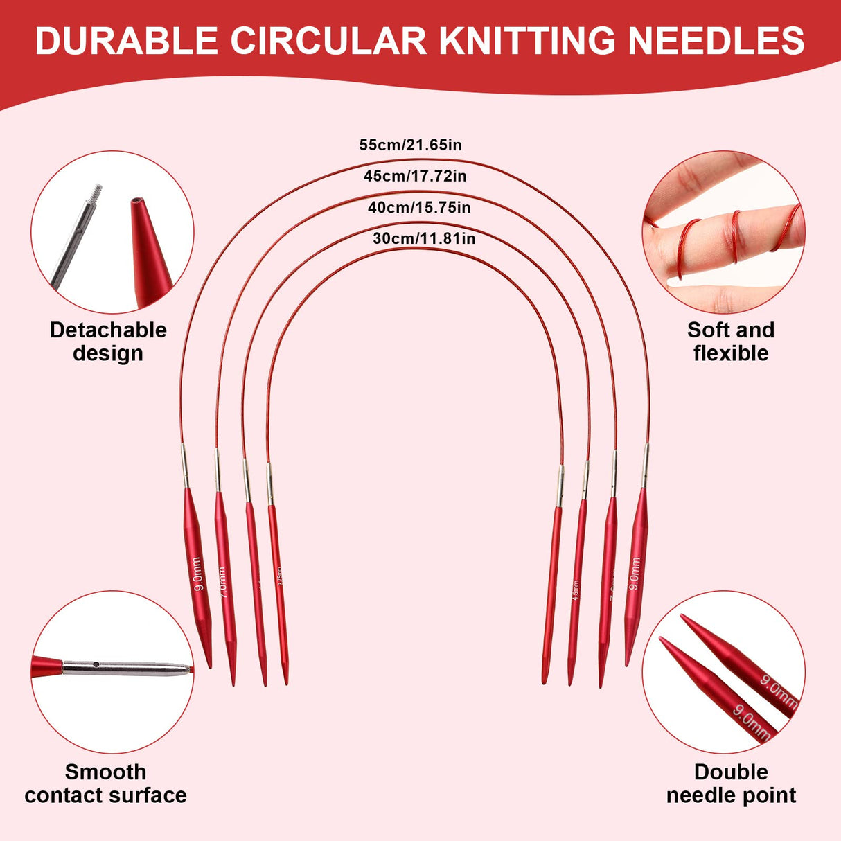 Looen 57 pcs Aluminum Circular Knitting Needles Set with Ergonomic Handles,13 Size Interchangeable Crochet Needles with Storage Case for Small Project (Style 1 New Red) LOOEN