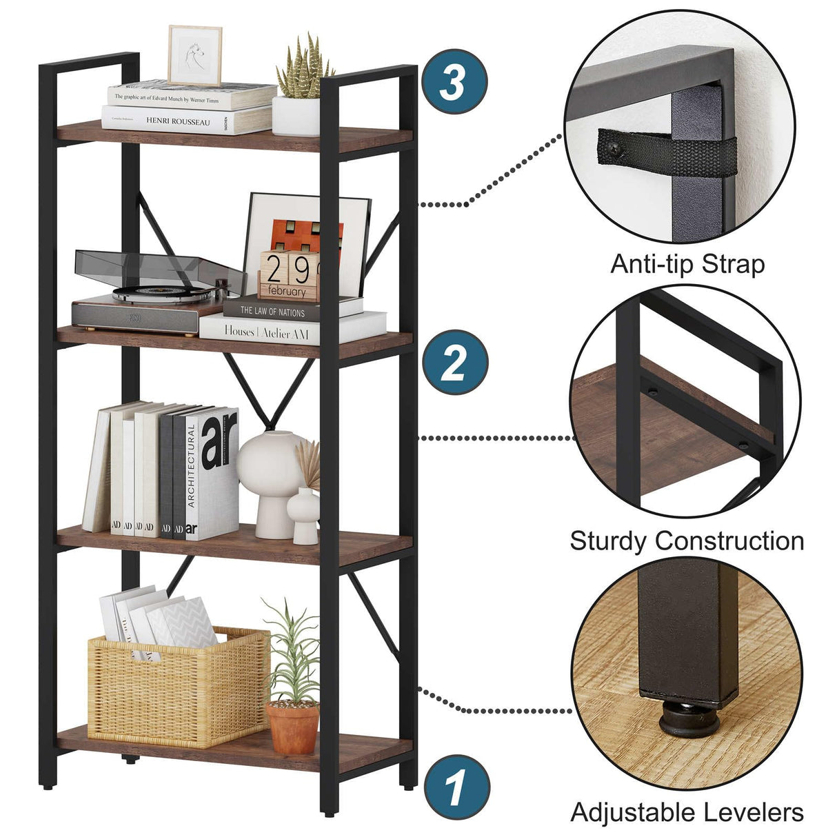 BON AUGURE Rustic Oak 4-Tier Industrial Bookshelf – Modern Open Etagere for Home and Office BON AUGURE