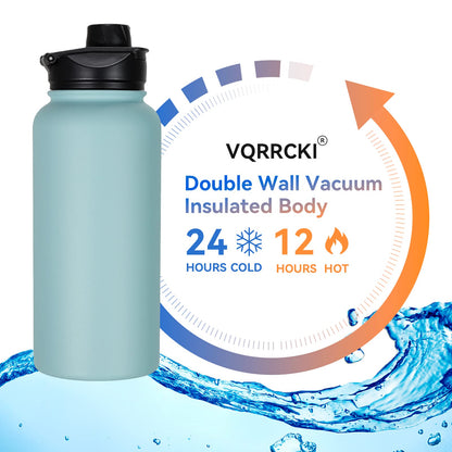 VQRRCKI 32 oz Insulated Water Bottle Bulk 8 Pack, Stainless Steel Sports Water Bottles with Straw Lid & Wide Mouth Lids, Double Walled Vacuum, Leak Proof, Turquoise Blue