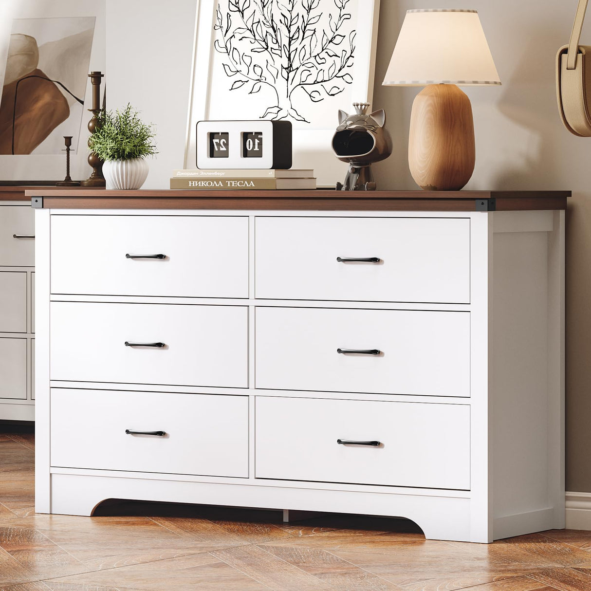 Farmhouse 6 drawer dresser for bedroom, 51" Wide chest of drawers, Wood white dresser with Metal Handle and Anti-Tipping Device, Storage Dressers Organizer for Bedroom, Living Room, Hallway, White Airynee