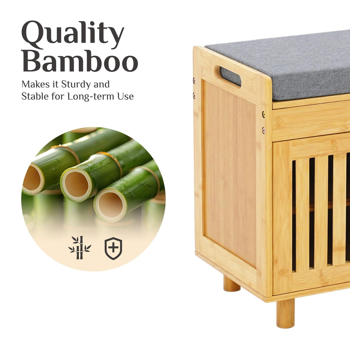 Shoe Storage Bench, Bamboo Entryway Bench with 2 Doors & Padded Seat Cushion, 2 Tier Shoe Rack, 35.4" W x 12.6" D x 19.7" H, Shoe Cabinet Organizer for Entryway, Living Room, Bedroom, Hallway, Nature oakvivo