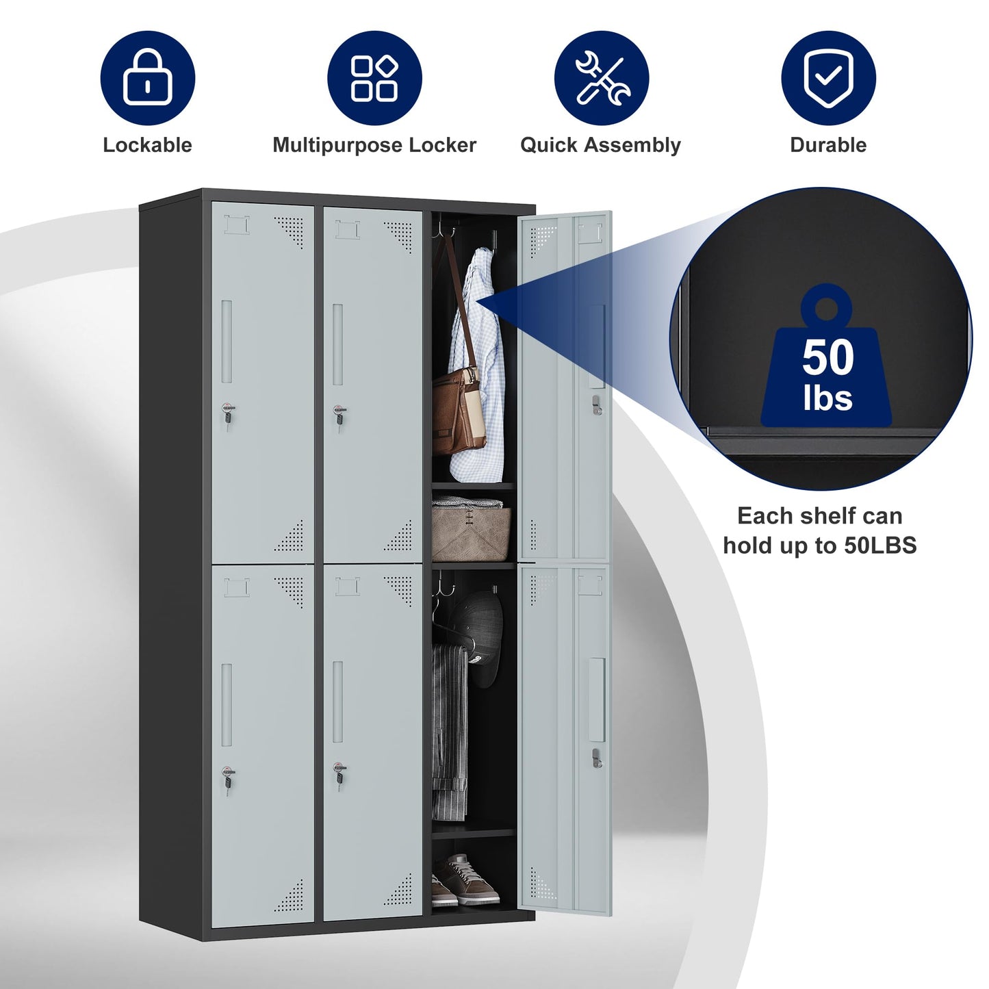 Yizosh Metal Lockers for Employees with Keys, 36" W Employees Locker Storage Cabinet with 6 Doors, 71" Tall Steel Storage Locker for Gym, School, Office (6 Door, Black Gray) - WoodArtSupply