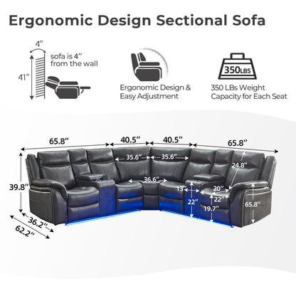 Power Recliner Sectional Sofa Couches with LED Light for Living Room, Faux Leather Reclining Corner Sectionals Couch Sets with 2 Home Theater Recliner Seat, USB, Cup Holder, Storage Console, Grey