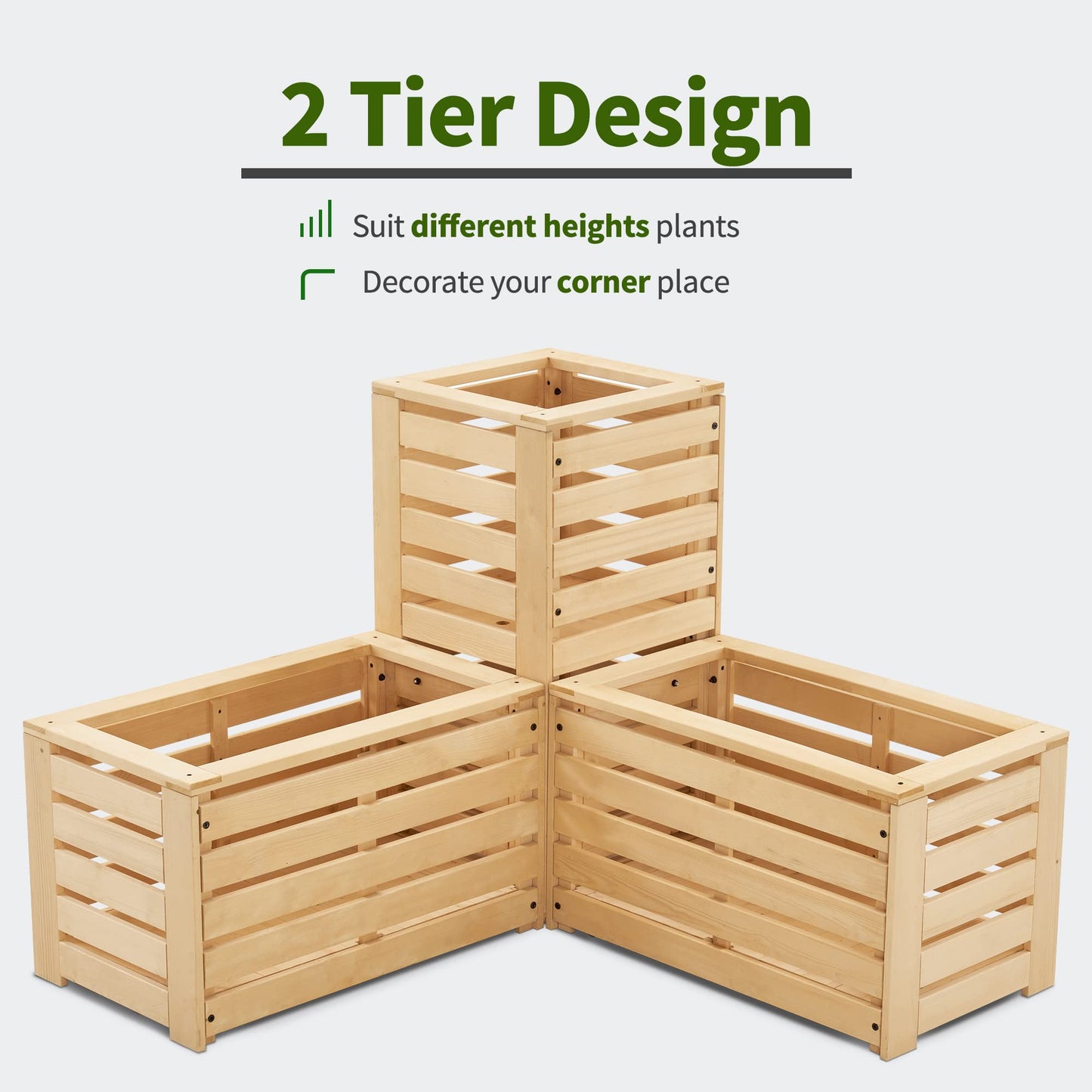 MCombo 2 Tier Corner Raised Garden Bed, Outdoor Wooden Planter Box Elevated Garden Bed with Liners for Vegetables, Herbs, and Flowers, 0315