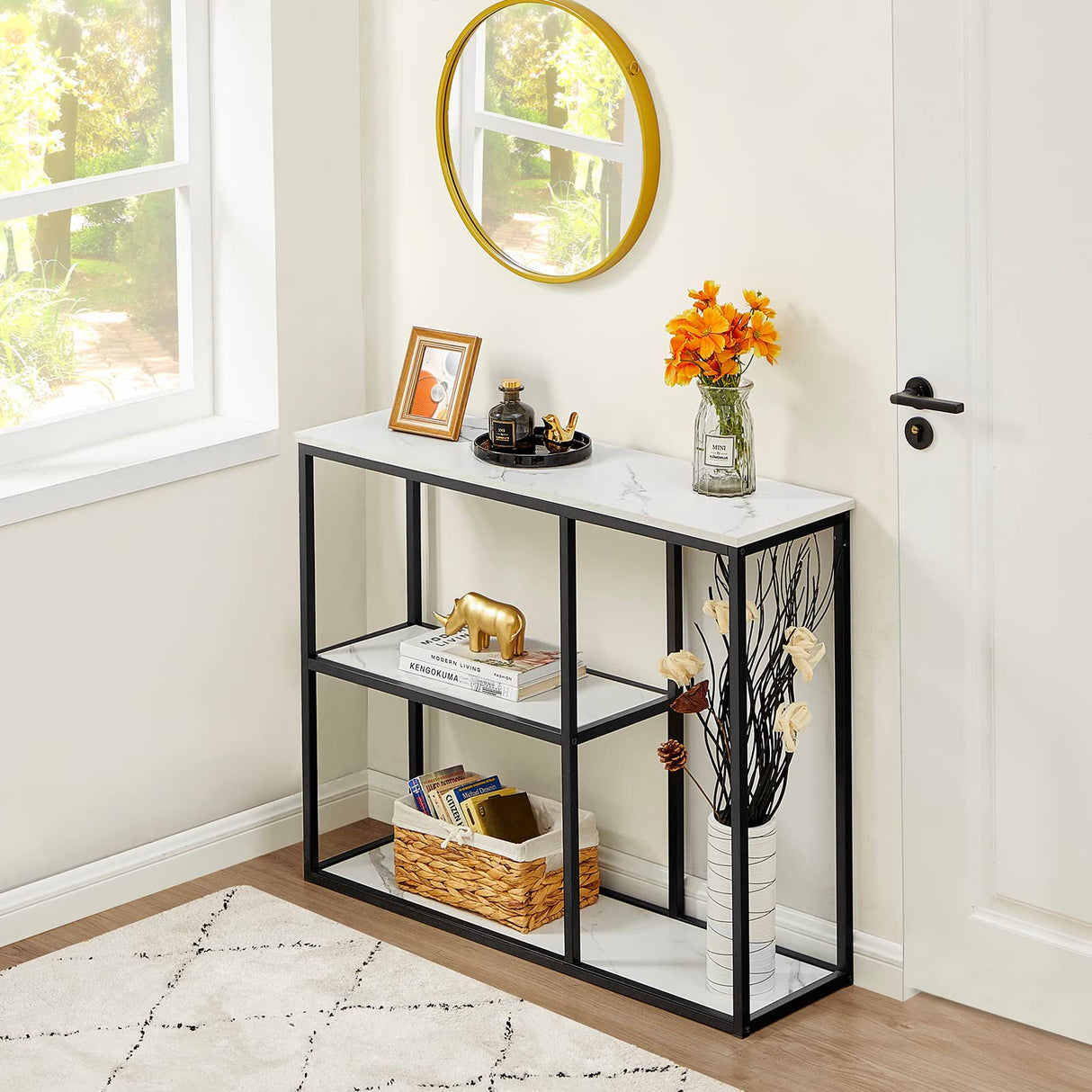 WOHOMO Console Table, 12 Inch Narrow Entryway Table for Living Room, 31.5 Inch Modern Industrial Sofa Table with 3-Tier Storage Shelves for Corridor, Hallway, White Marble WOHOMO