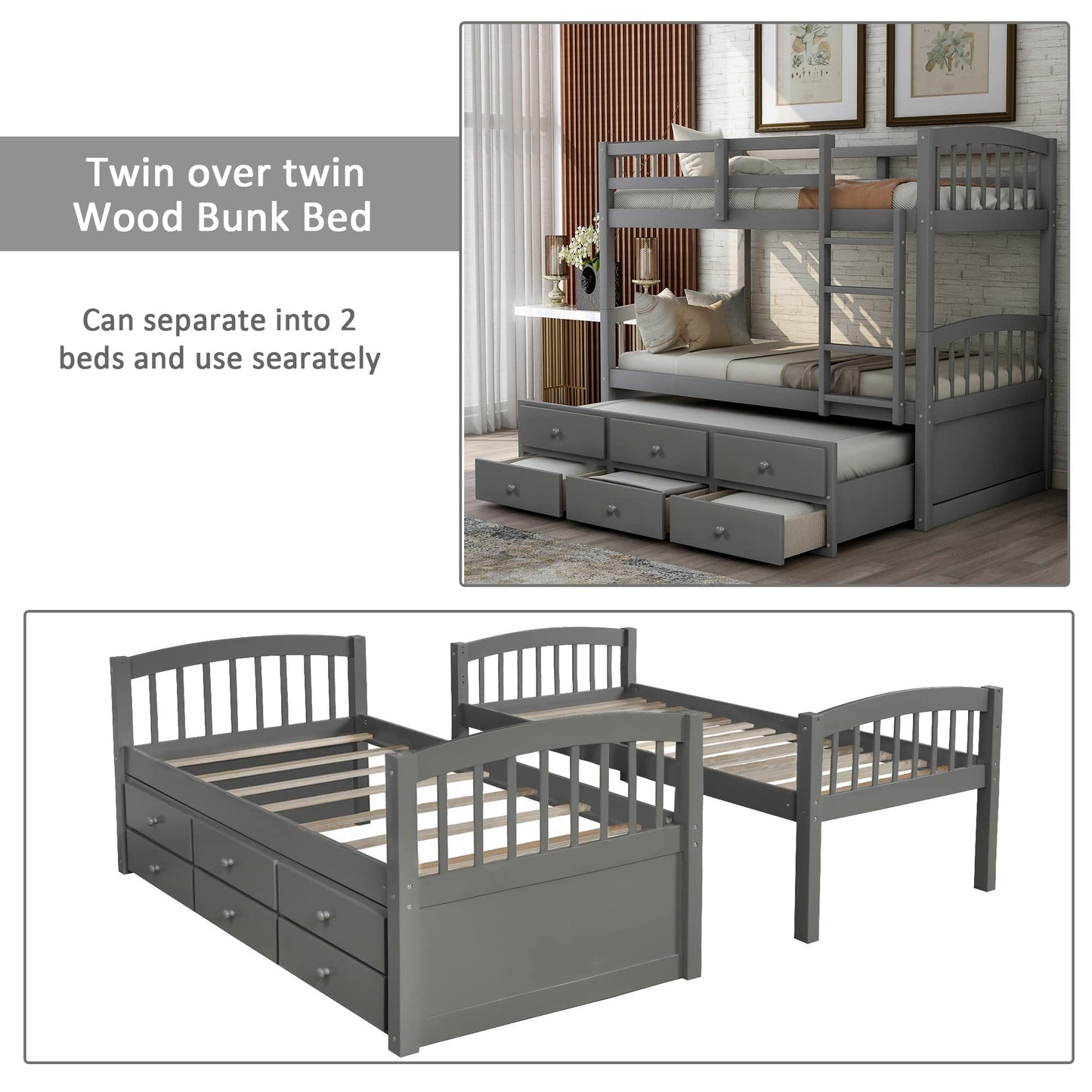 Harper&Bright Designs Twin Over Twin Bunk Bed with Twin Trundle Bed, 3 Storage Drawers, Safety Rail, and Ladder for Bedroom, Guest Room Furniture, Grey