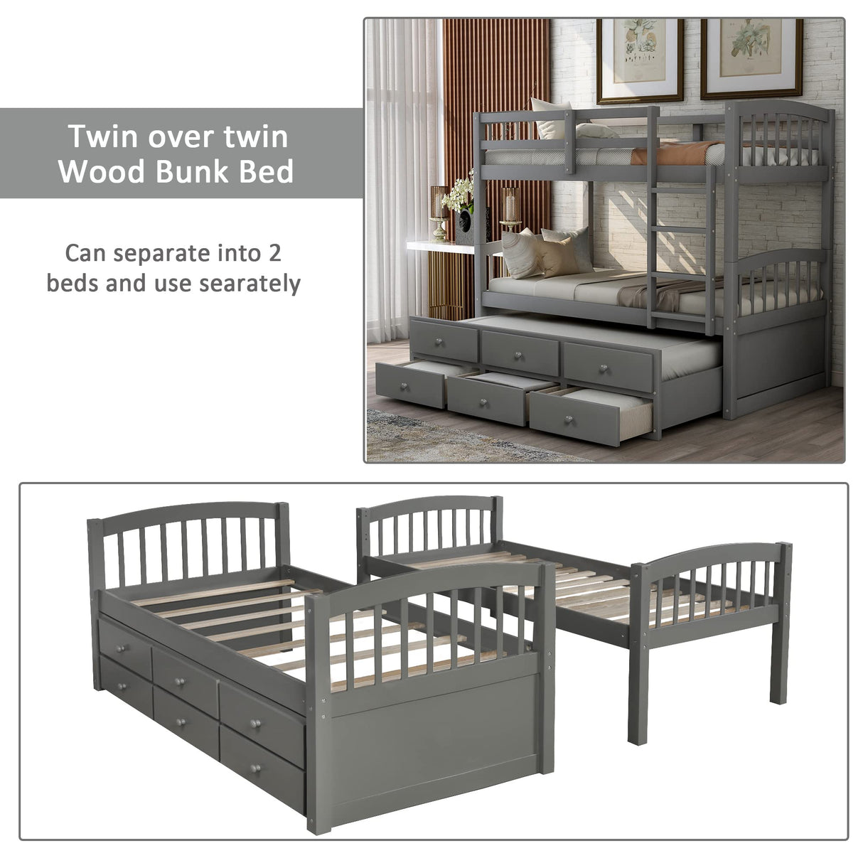 Harper & Bright Designs Twin Over Twin Bunk Bed with Trundle and Storage, Solid Wood Bunk Bed Frame with 3 Drawers for Kids, Teens, Adults (Gray) Harper & Bright Designs