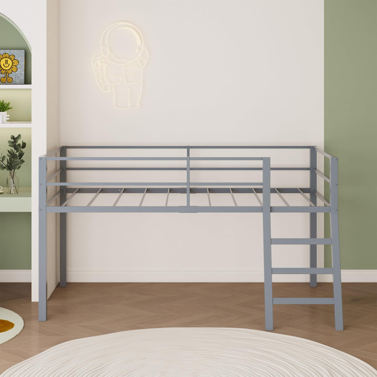Lutown-Teen Low Metal Twin Loft Bed with Ladder and Guardrail for Kids or Teens, Space Saving Loft Bed Twin Size for Small Bedroom, Grey Lutown-Teen