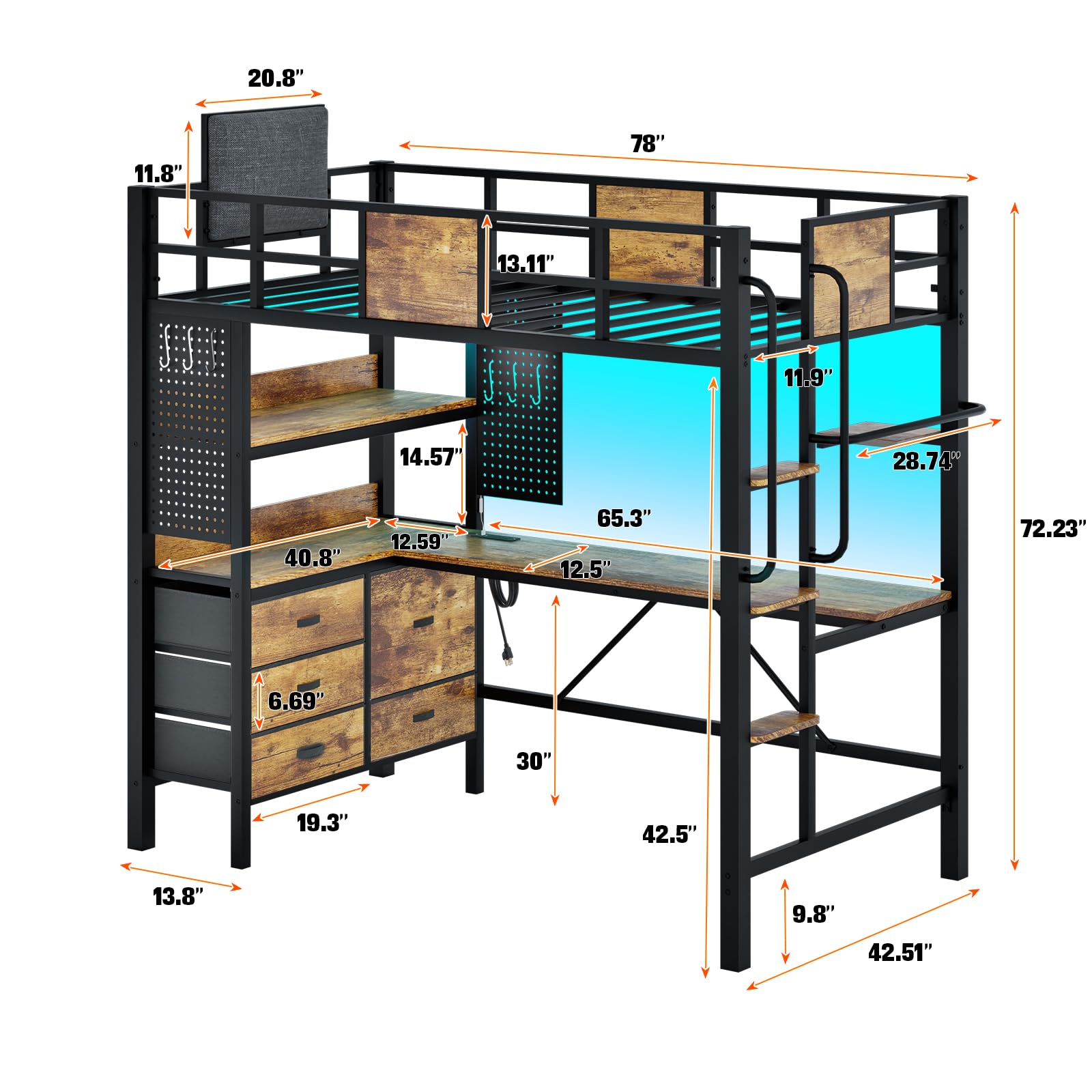 BUSYAEH Vintage Brown Bunk Bed with L-Shaped Desk, RGB LED Lights, and Charging Station - WoodArtSupply