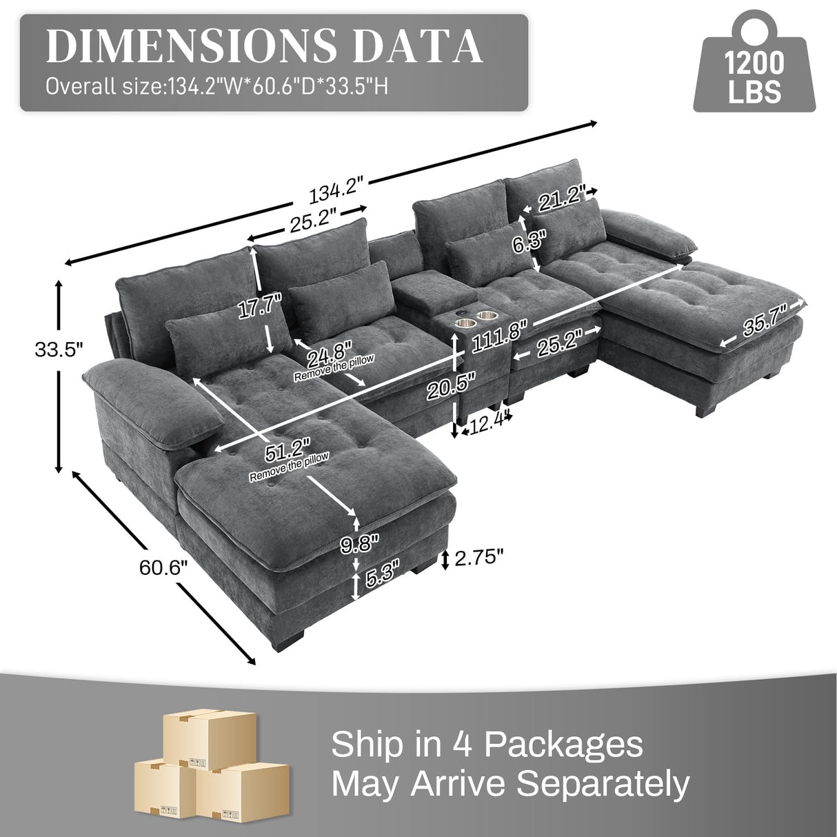 OUYESSIR 134" U Shaped Sectional Cloud Couch,Tufted Couch with Chaise Lounge,Fluffy Grey Sectional Couches for Living Room,Comfy Chenille Modular Sofa with Central Console & USB Port OUYESSIR