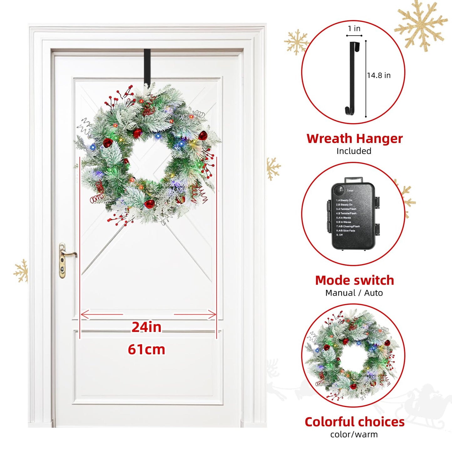 Christmas Wreath for Front Door 24inch - Light Up Artificial Christmas Wreath, Lighted Christmas Wreaths Battery Operated, with Bells and Wreath Hanger, for Front Door Wall Windows Xmas Decoration