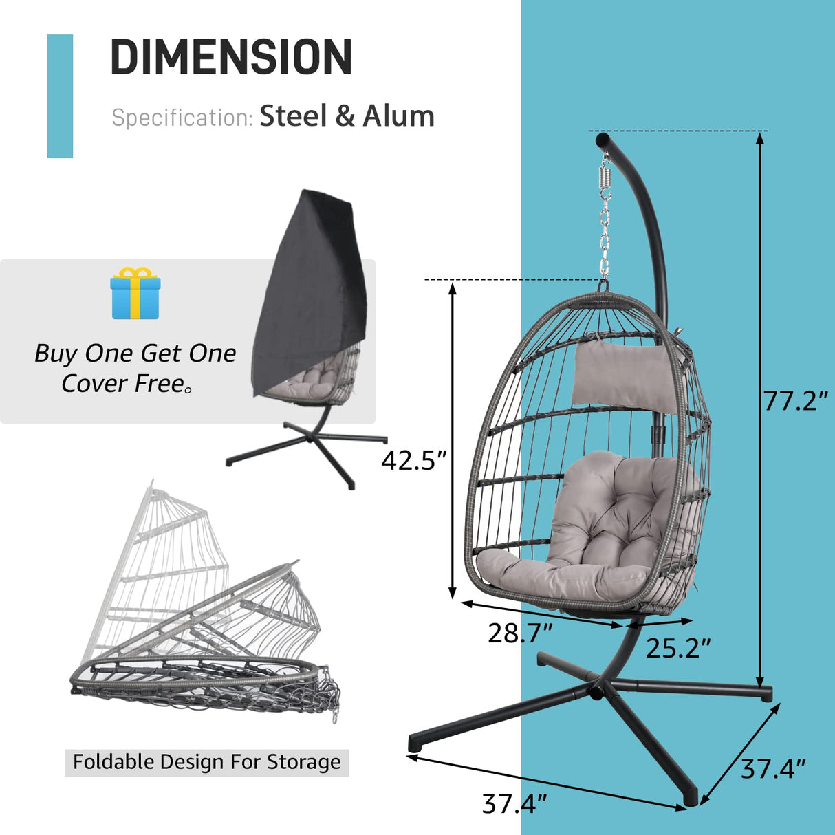 Patiorama Indoor Outdoor Egg Swing Chair with Stand, Patio Grey Wicker Rattan Hanging Chair with Rope Back, Cushion,Cover,All Weather Foldable Hammock Chair for Bedroom, Garden (Light Grey) Patiorama