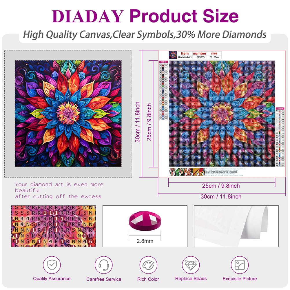 DIADAY 5D Diamond Painting Kits Mandala Diamond Art Kits for Adults Beginners, Full Drill Round Gem Dots Art DIY Craft Home Wall Decor Gift 12 x 12 Inches DIADAY