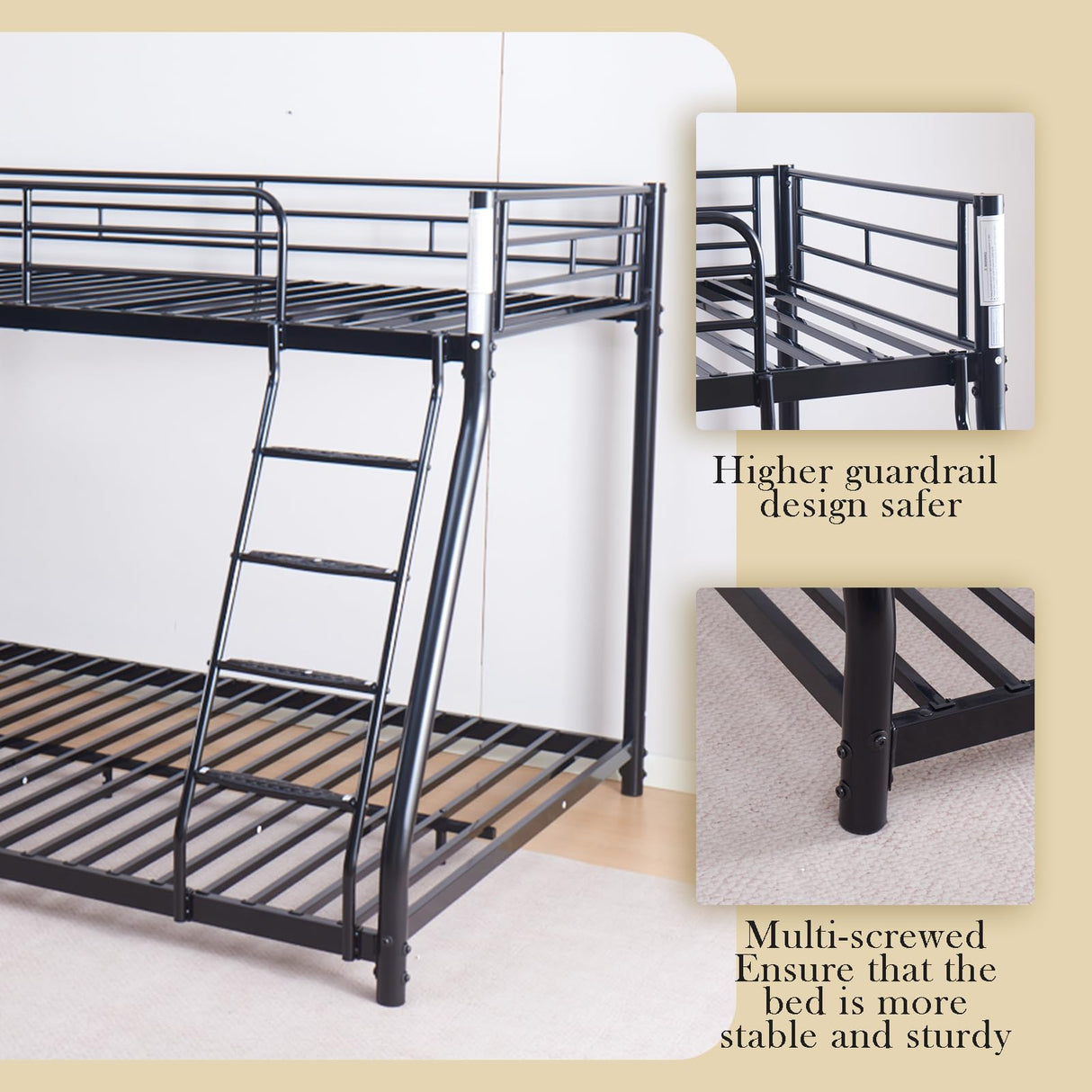KAIFAM Metal Bunk Bed, Full Size Bed Frame for Adults, Twin Over Full Bunk Bed with Safety Guardrail and Ladder, Trundle Bed Twin, No Box Spring Needed, Noise Free for Apartment, Bedroom (Black) KAIFAM