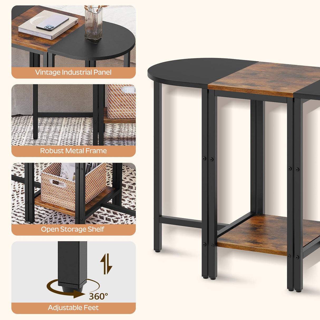 YATINEY Nesting Coffee Tables, End Tables Set of 3, Industrial Small Stacking Side Table, Wooden Nesting Tables, Multiple Combination Options, for Living Room, Office, Rustic Brown and Black ET33BR YATINEY