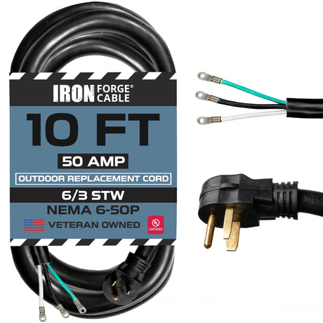 Iron Forge Cable NEMA EV Extension Cord 10 Ft with Open End, 50 Amp Power Cord with Eyelet 3 Wire 6/3 Gauge Replacement Cable, NEMA 6-50 Plug STW 250V for Level 2 EV Charger & Welder UL Certified IRON FORGE CABLE