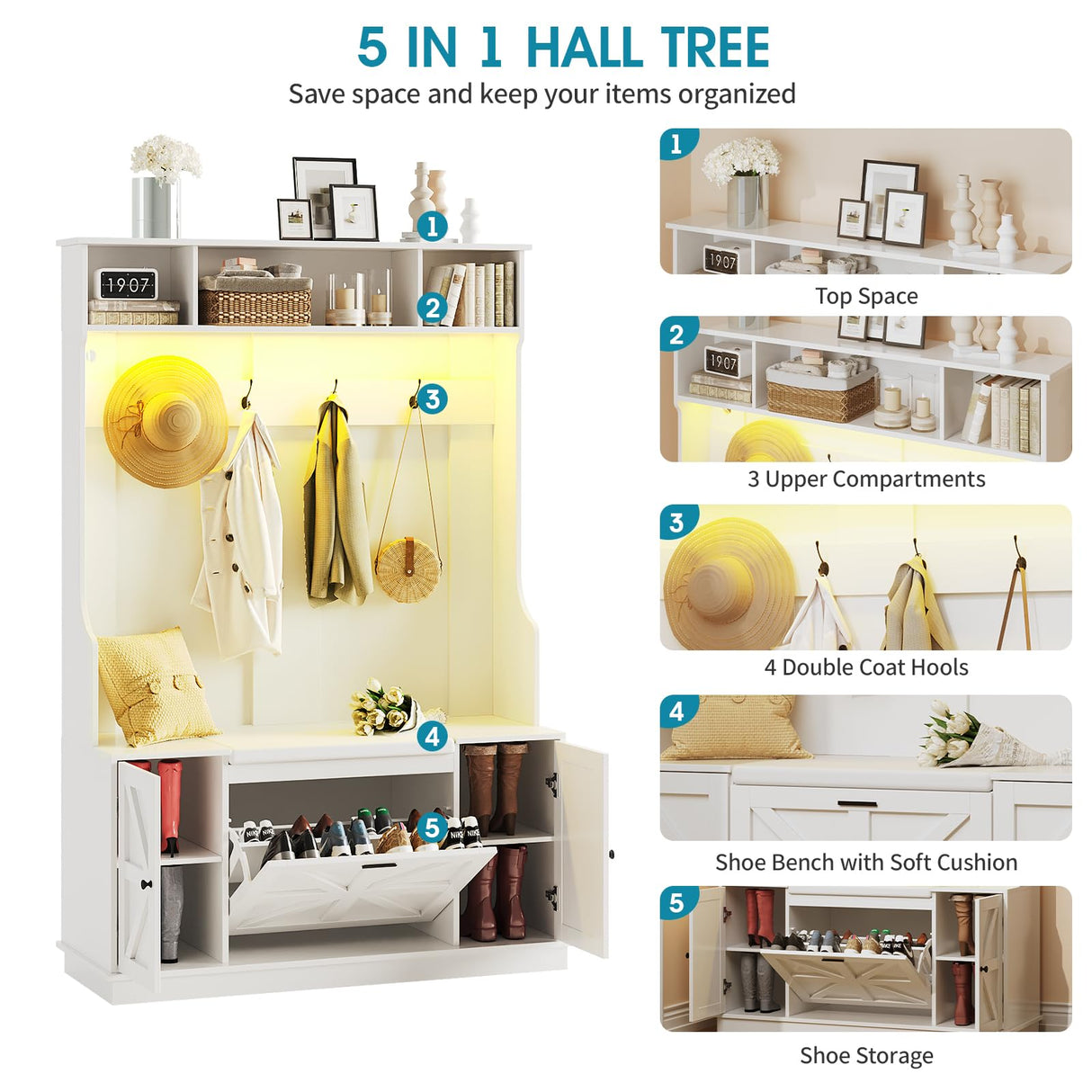 Maupvit Hall Tree with Bench and Shoe Storage, Coat Rack with Shoe Bench, 6 Shoe Cubbies, 4 Coat Hooks, LED Lights and Adjustable Shelf, Entryway Hall Tree, Shoe Bench with Soft Cushion for Hallways Maupvit