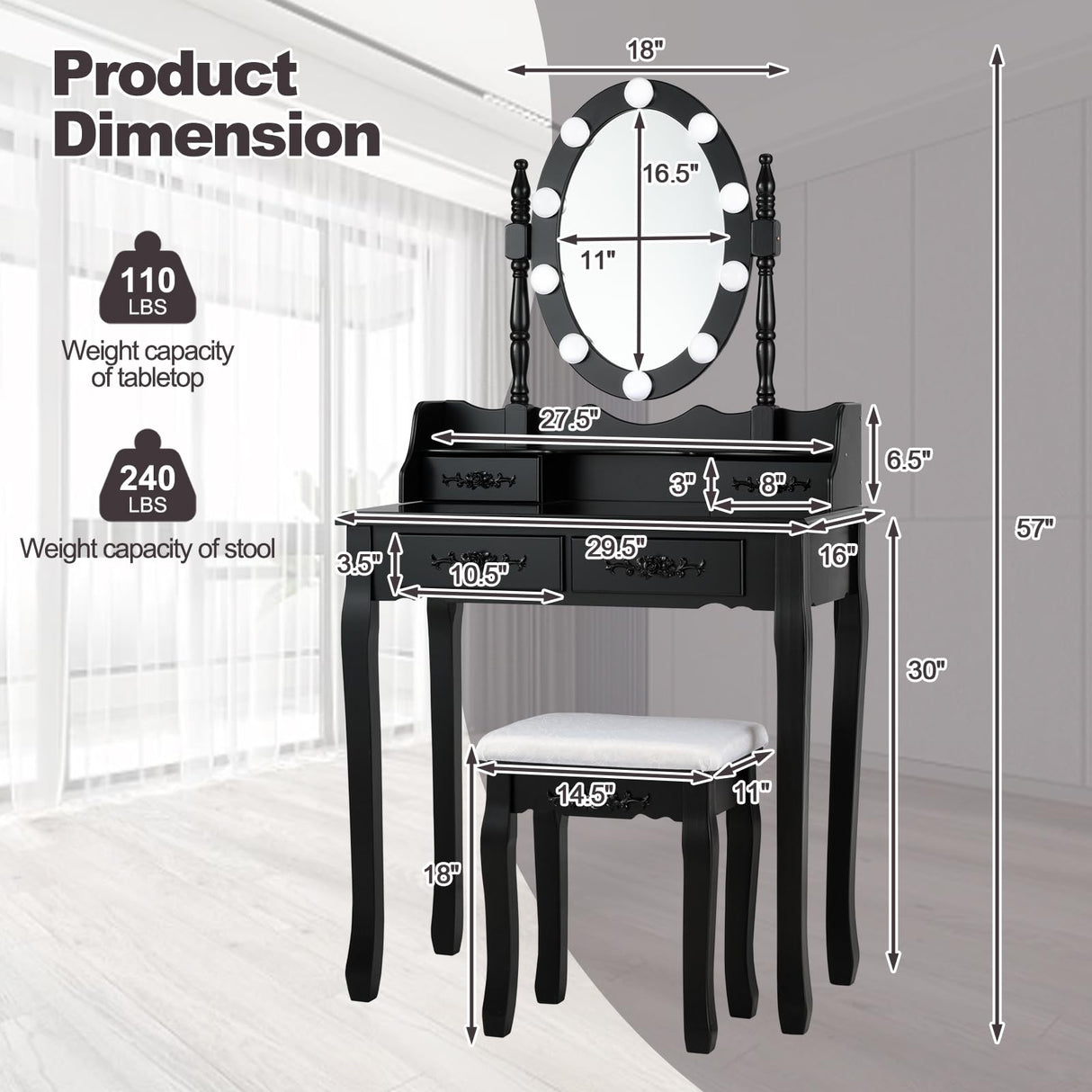 CHARMAID Girls Vanity Table with Lighted Mirror and Stool, 10 Dimmable LED Lights, 3 Color Lighting Modes, 4 Drawers, Rose-Shaped Handle, Bedroom Dressing Makeup Vanity Desk Set (Black) CHARMAID