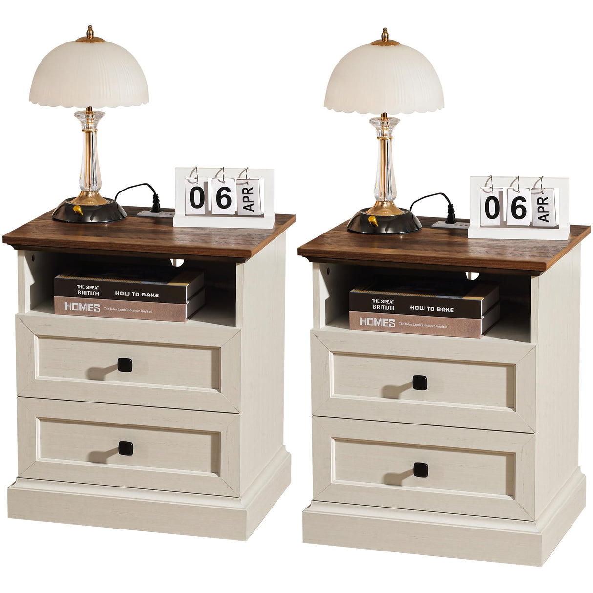 ENOUSHU Night Stand Set 2 with Charging Station, Bedside Table with 2 Drawers Storage and Open Shelf, Wood Farmhouse Nightstands with Outlets for Bedroom Office, White ENOUSHU