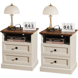 ENOUSHU Night Stand Set 2 with Charging Station, Bedside Table with 2 Drawers Storage and Open Shelf, Wood Farmhouse Nightstands with Outlets for Bedroom Office, White ENOUSHU