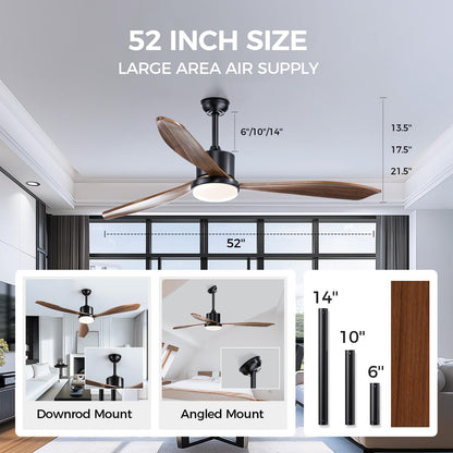 Wood Ceiling Fans with Lights: 52 Inch Outdoor Ceiling Fan with and Lights Remote Noiseless DC Motor 6 Speeds Timing 3 Downrods Reversible Modern Ceiling Fan for Outdoor Patio Indoor Bedroom-Walnut