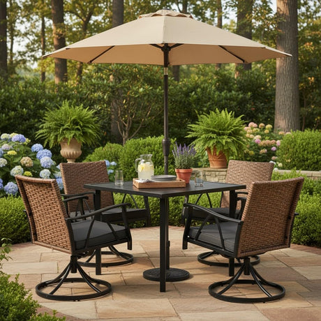 Andehomy 5-Piece Patio Dining Set for 4，Outdoor Dining Set with Wicker Swivel Patio Dining Chairs with Cushions & 1 Black Square Woodgrain Dining Table with 1.75”Market Umbrella Hole, Black & Brown Andehomy