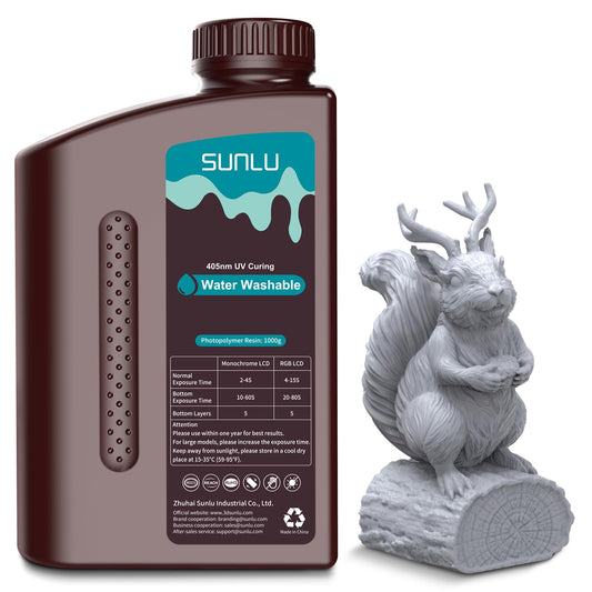 SUNLU Water Washable Resin 1000g, Fast Curing 3D Printer Resin for LCD DLP SLA Resin 3D Printers, 395 to 405nm UV Curing 3D Printing Liquid Photopolymer Resin, Low Shrinkage, High Precision, 1kg, Grey