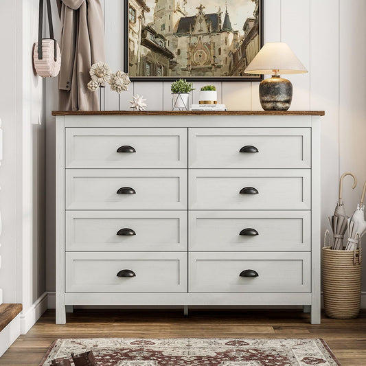 Wananlanen Farmhouse White Dresser for Bedroom, Vintage 8 Drawer Dresser & Chest of Drawer with Metal Handle and Storage, Wood Rustic Dresser Organizer for Living Room, Hallway