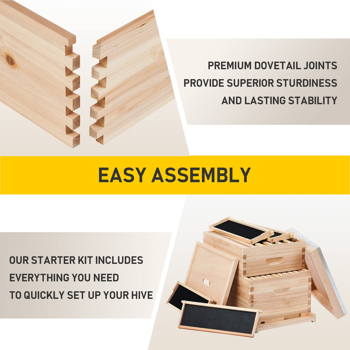 CREWORKS Bee Hive Boxes 10 Frame Langstroth Beehive, Bee Keeping Starter Kit Includes 1 Super Bee Box & 1 Bee Brood Box with Beehive Frames and Foundation, 2 Layers Complete Bee Hive Kit CREWORKS