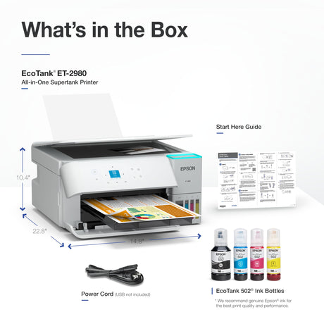 Epson EcoTank ET-2980 Wireless All-in-One Color Supertank Printer with up to 3 Years of Ink, Refillable Tanks, Perfect for Home, 15 PPM, 1.44" Color Screen, Auto 2-Sided Printing - White Epson