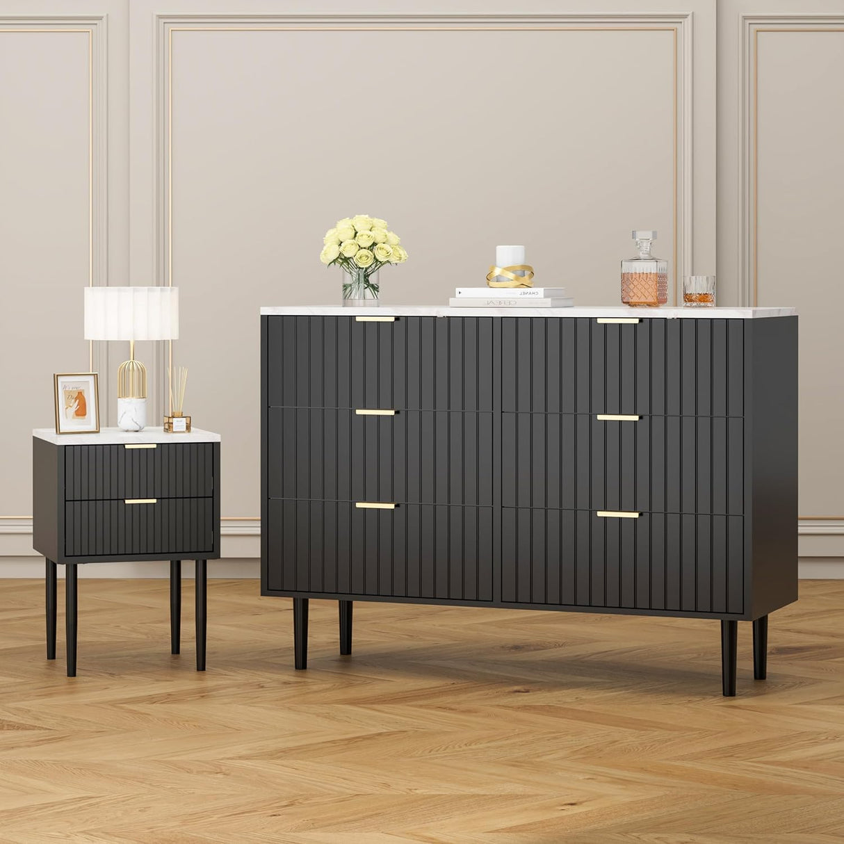 UEV Black 6 Drawer Dresser and Nightstand Sets for Bedroom,Marble Texture Top Modern Dresser and Fluted Night Stand Set of 2 Comb 3 Pieces UEV