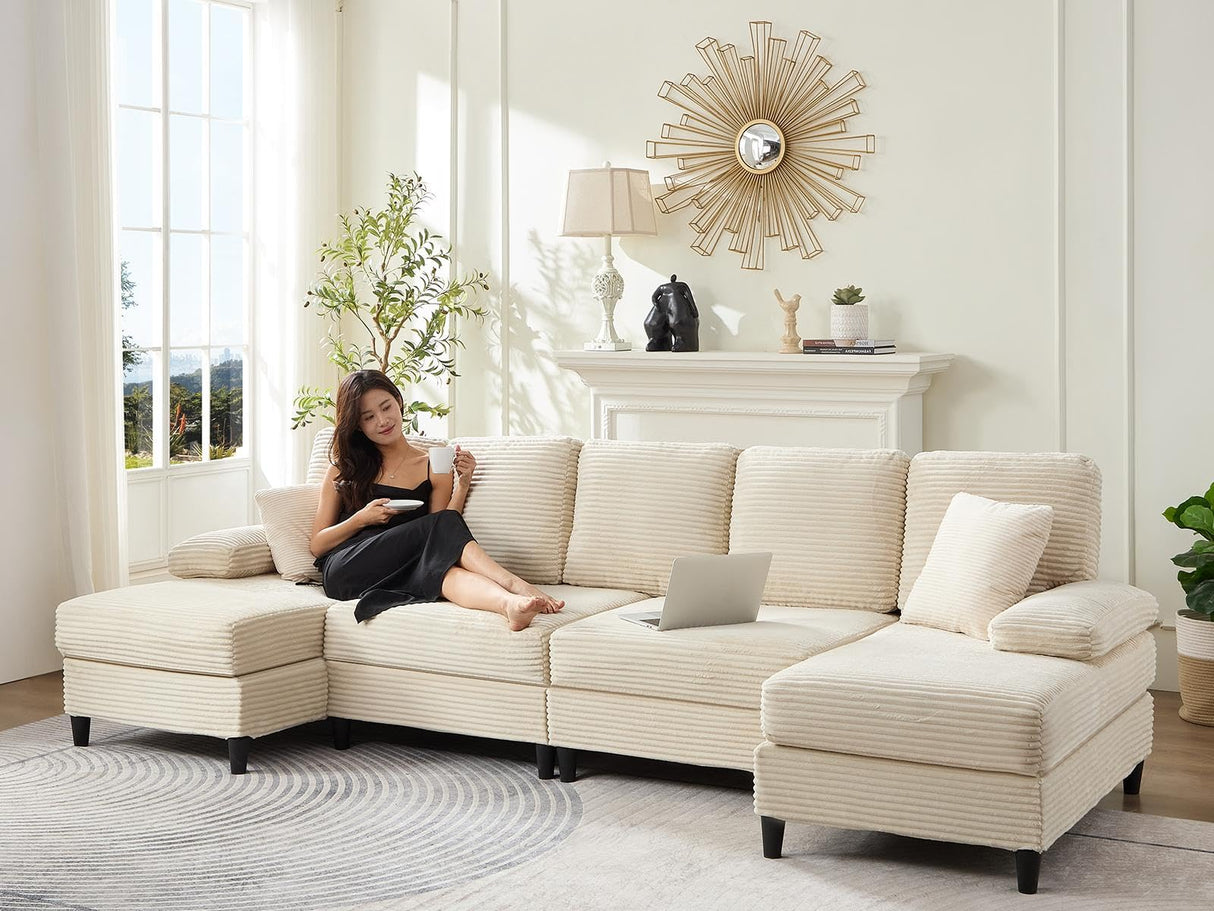 Mjkone 4 Seater Sectional Sofa Couches for Living Room Sets Furniture, 112" Width U-Shaped Corduroy Living Sofa Set with Double Chaises, Sleeper Couch Set with Pillows for Home, Loft, Apartment, Beige Mjkone