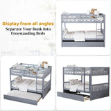 Rophefx Full Over Full Bunk Bed with Trundle, Wood Convertible Bunk Beds for Kids, Bunkbed Frame with Safety Rails and Ladders, Bunk Beds for for Adult, Teens, Grey Rophefx