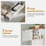 MSmask Farmhouse Queen Bed Frame with Bookcase and Storage Cabinets Headboard, Wood Platform Bed with LED Lights, Charging Station, 4 Drawers, Decoration Footboard, No Box Spring Needed, White MSmask