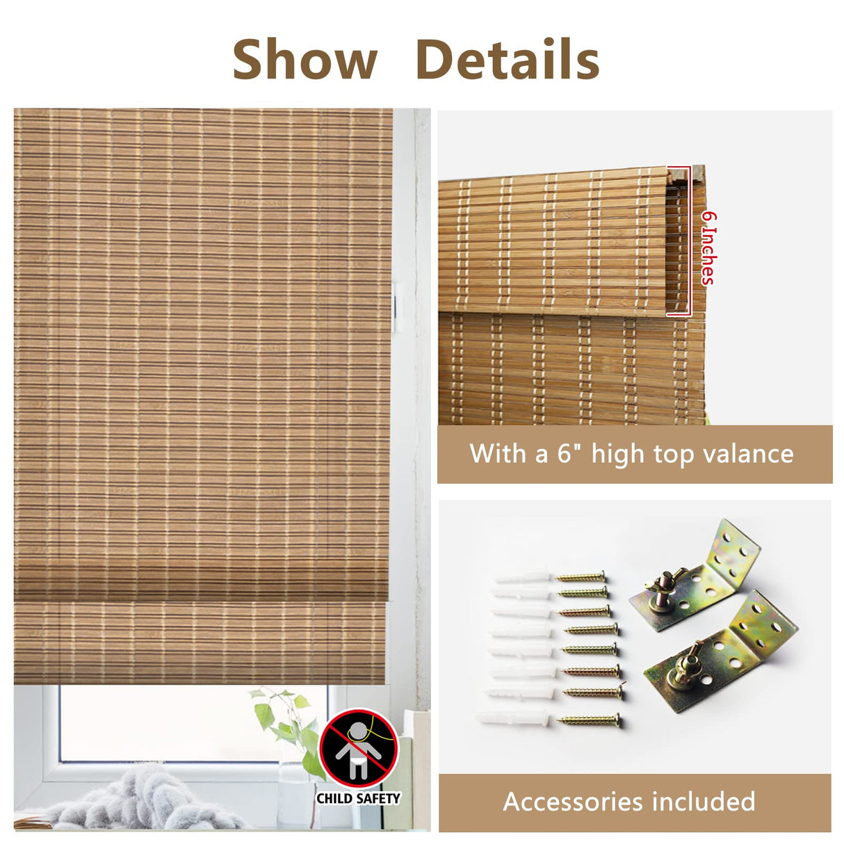 FACIMI Blackout Bamboo Roller Shades, Roll-Up Woven Roman Shades with 6" H Valance, Custom Light Filtering Bamboo Roller Blinds for Windows, Doors, Patio Door, Porch, Caramel Facimi