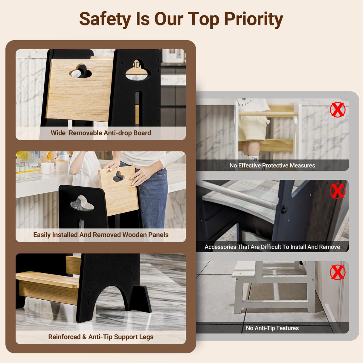 COSYLAND Toddler Standing Tower Adjustable Height - Super Stable Toddler Kitchen Stool Helper - 3 Levels Adjustable Wooden Toddler Kitchen Stool (Natural & Black) COSYLAND