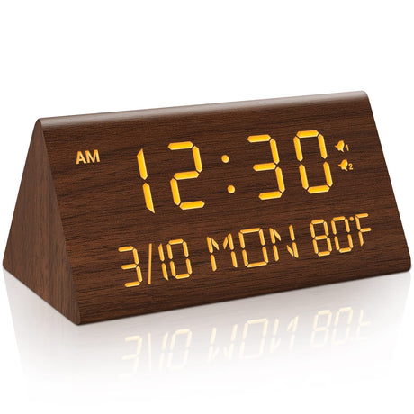 Kogonee Wooden Digital Alarm Clock, 0-100% Dimmer, 2 Alarm Settings, Weekday/Everyday Mode, 9 Mins Snooze, 12/24H, Temperature and Date Display for Office, Travel, Bedroom Alarm Clock (Brown) Kogonee