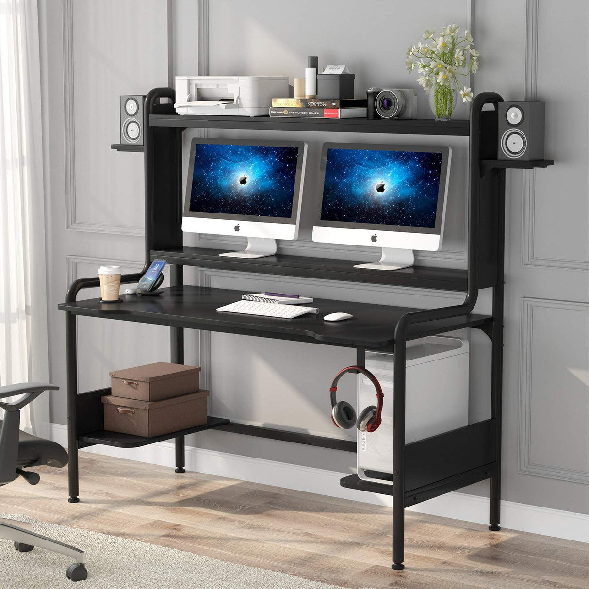 TIYASE Gaming Desk with Monitor Stand, Computer Desk with Hutch and Storage Shelves, Large PC Gamer Desk, Workstation Table with Cup Holder, Headphone Hook, Speak Stands, Black, 55 Inch TIYASE