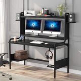 TIYASE Gaming Desk with Monitor Stand, Computer Desk with Hutch and Storage Shelves, Large PC Gamer Desk, Workstation Table with Cup Holder, Headphone Hook, Speak Stands, Black, 55 Inch TIYASE