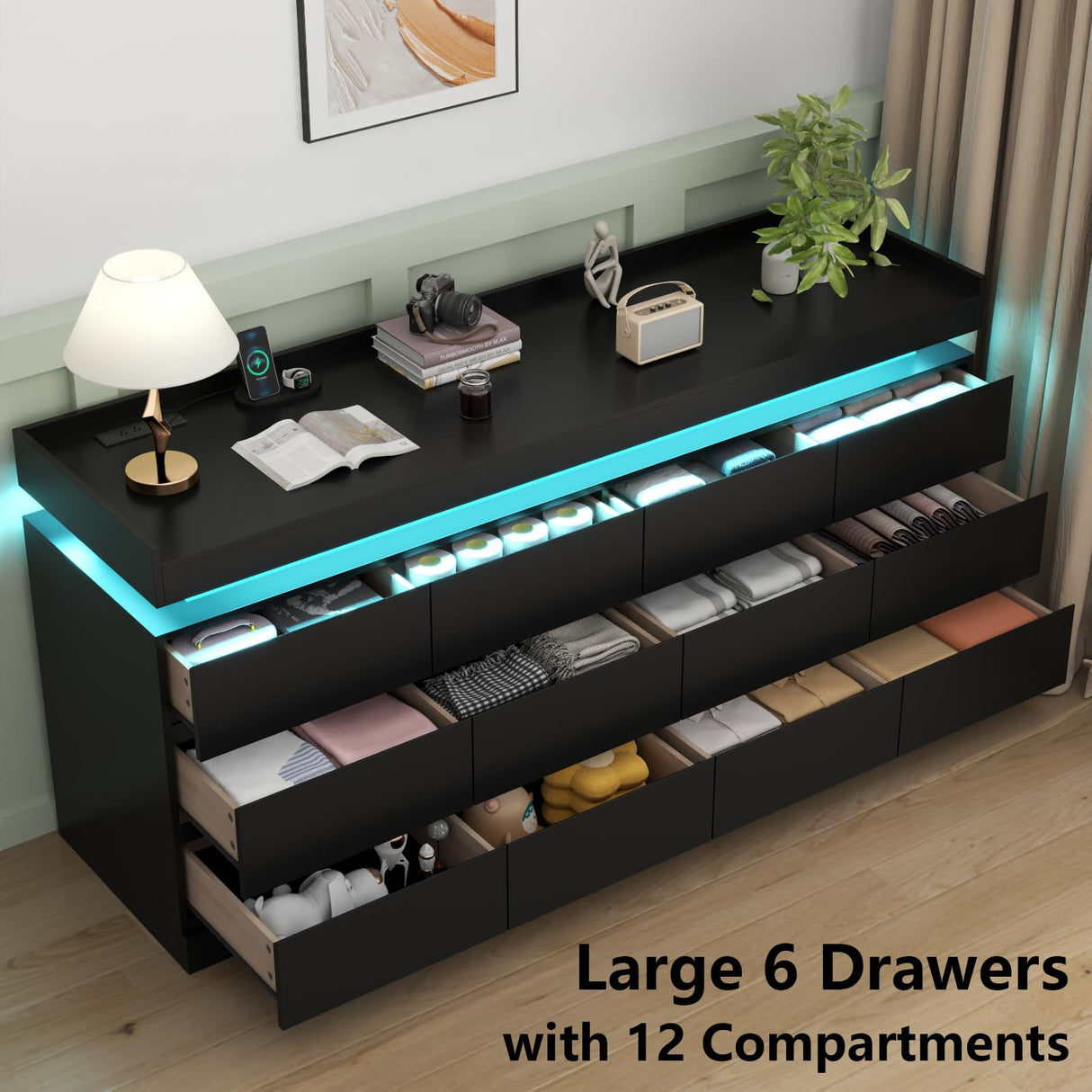 Extra Large 6 Drawer Dresser with 12 Compartments, Dresser with Power Outlet & LED Light, Modern Chest of Drawers, Double Wide Drawer Organizer Cabinet for Bedroom, Living Room, Entryway (Black) Gyfimoie