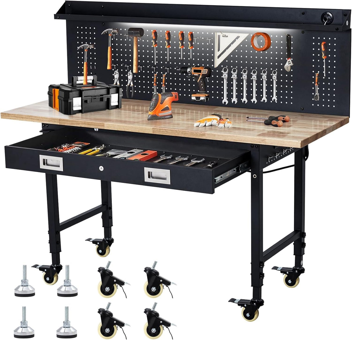 Workbench 60" x 22" Adjustable Height Worktable, Heavy Duty Rubber Wood Top, 2000 LBS Load Capacity, Tool Storage Workstation with Drawer, Pegboard, Power Outlets & Lockable Wheels, with Drawer Back IDEALHOUSE