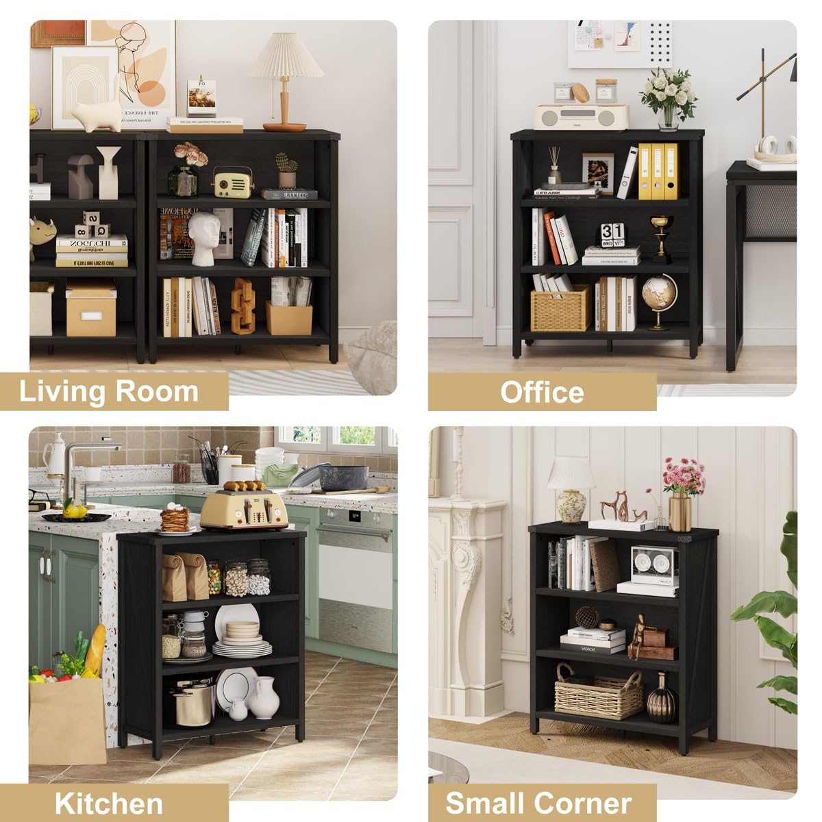 BON AUGURE Small Bookcase, 3 Tier Black Book Shelf, Farmhouse Wooden Bookshelf, Short Storage Book Cases for Small Space, Bedroom, Office, Living Room (Black Oak) BON AUGURE