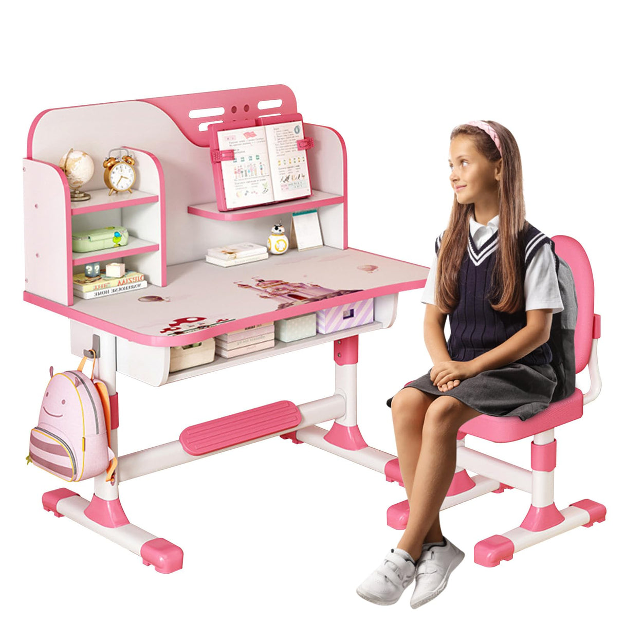 Kids Study Table and Chair Set, Adjustable Art Desk Girls Desk for Bedroom, Study Table with Large Writing Board Bookshelf and Drawer (Pink) Bidbory