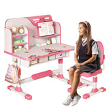 Kids Study Table and Chair Set, Adjustable Art Desk Girls Desk for Bedroom, Study Table with Large Writing Board Bookshelf and Drawer (Pink) Bidbory