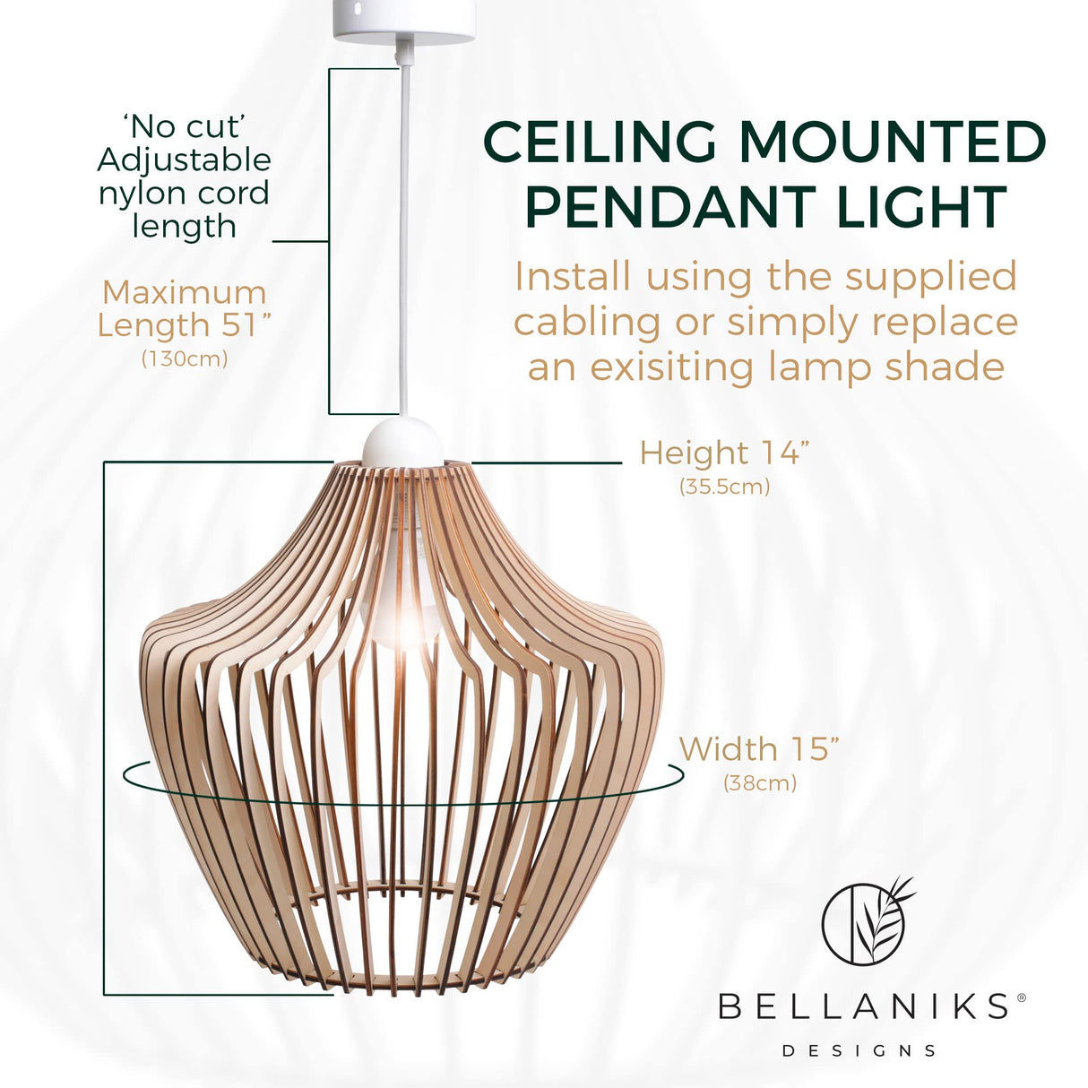 Bellaniks Wood Pendant Light - Easy-to-Assemble Ceiling Chandelier - Modern Boho Hanging Lamp Lighting Fixture for Dining, Kitchen, Bedroom, Living Room - Adjustable Nylon Cord, Uses Standard Bulb Bellaniks