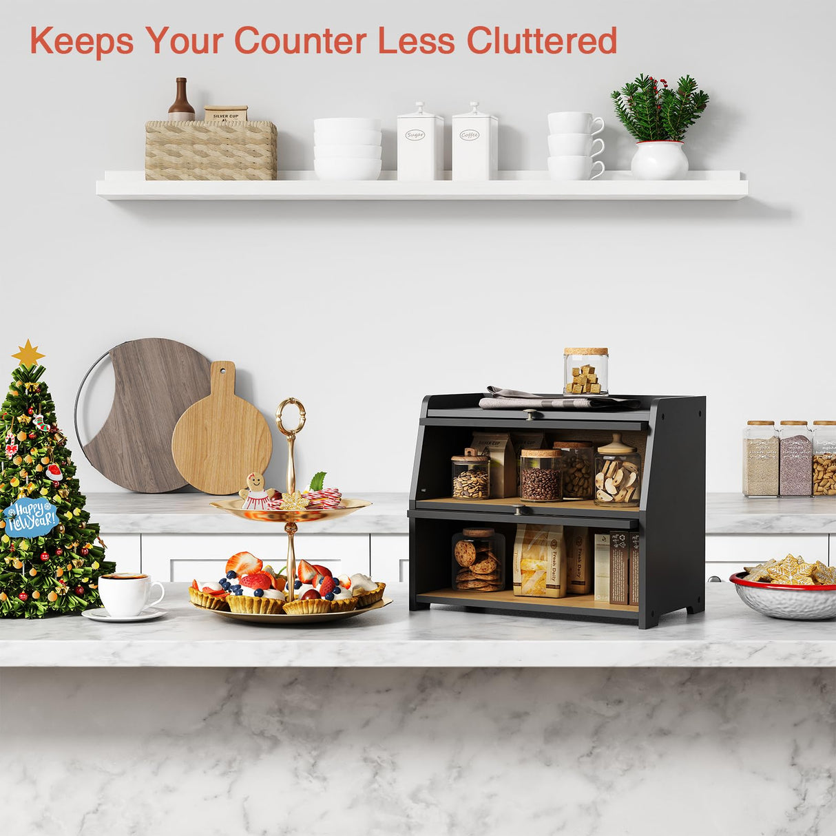 Goozii Large Bread Box for Kitchen Countertop, Black Bread Storage Container for Homemade Bread, Double Layer Farmhouse Breadbox Organizer for Kitchen Counter Cabinet, Pantry, Cupboard (Black) Goozii