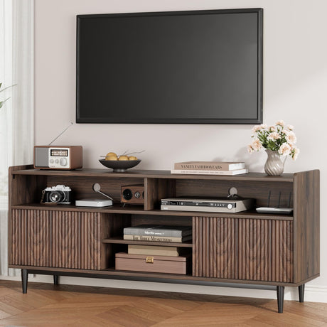 GarveeHome Fluted TV Stand for 75 Inch, Boho Entertainment Center with Sliding Doors, Wood Media Cabinet Furniture with Adjustable Shelves for Living Room Bedroom, Walnut GarveeHome