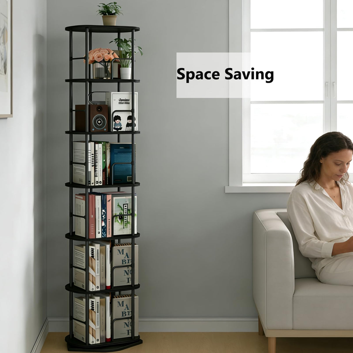 Lauxery 5 Tier Rotating Bookshelf, 360° Spinning Bookshelf Tower,Space Saving Floor Standing Corner Storage Organizer for Small Spaces, Square Revolving Bookcase for Home Office Living Room, Black Lauxery