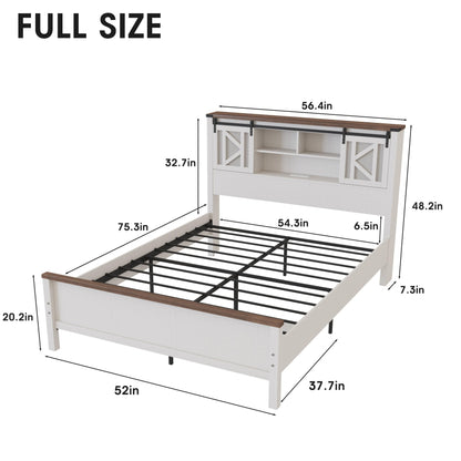 Vabches Farmhouse Full Size Bed Frame with Storage Bookcase Headboard, LED Lights and Charging Station, Sliding Barn Door and Adjustable Shelves, No Box Spring Needed, White - WoodArtSupply